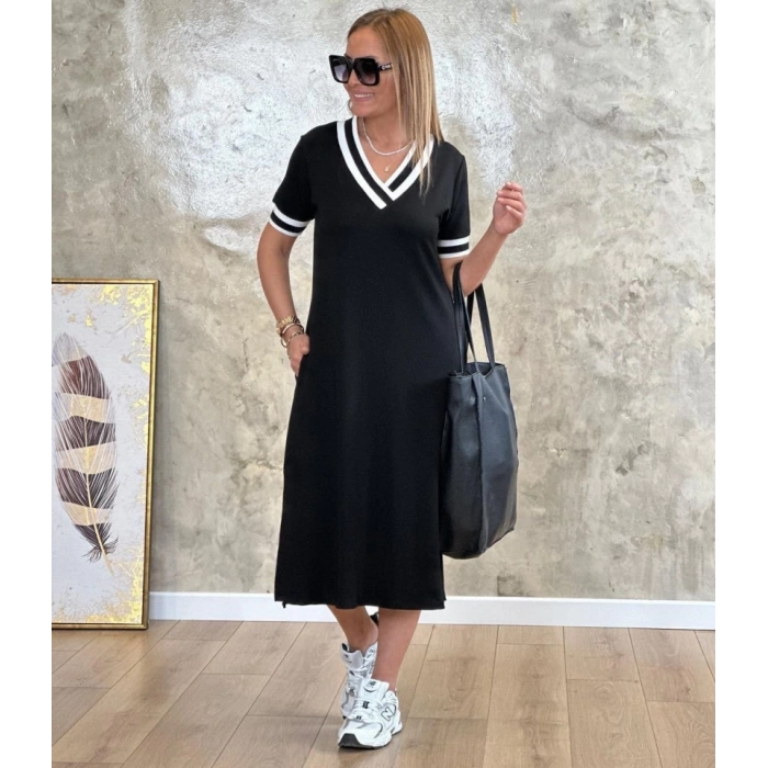 MARSiLYAN- Kadın Kısa Kollu V Yaka Kol Ve Yaka Ribana Detay Midi Boy Viskon Elbise