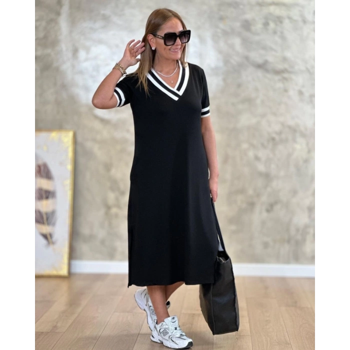 MARSiLYAN- Kadın Kısa Kollu V Yaka Kol Ve Yaka Ribana Detay Midi Boy Viskon Elbise