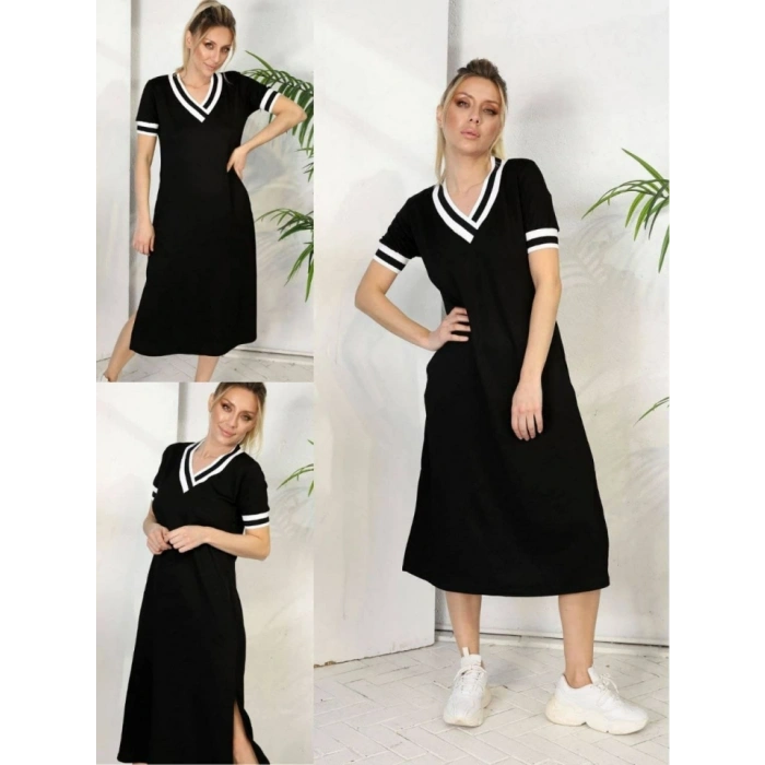 MARSiLYAN- Kadın Kısa Kollu V Yaka Kol Ve Yaka Ribana Detay Midi Boy Viskon Elbise