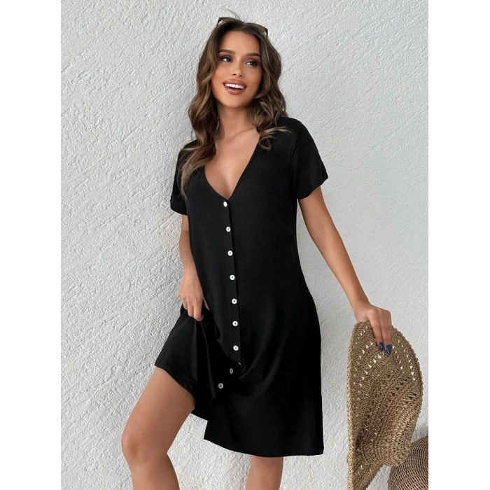 MARSiLYAN- Kadın Kısa Kollu V Yaka önü Düğmeli Viskon Elbise