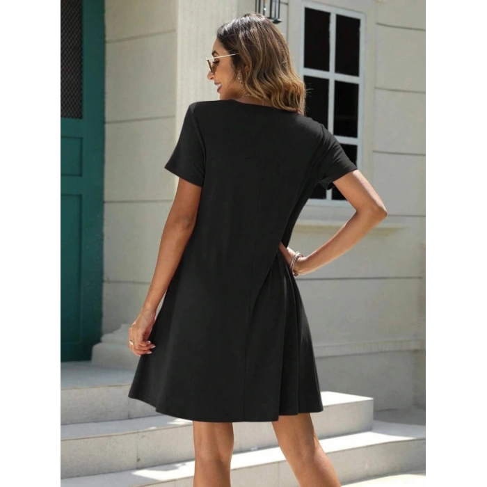 MARSiLYAN- Kadın Kısa Kollu V Yaka önü Düğmeli Viskon Elbise