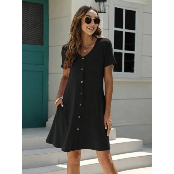 MARSiLYAN- Kadın Kısa Kollu V Yaka önü Düğmeli Viskon Elbise