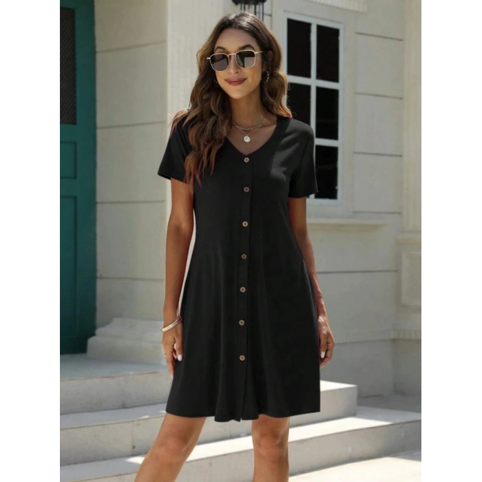 MARSiLYAN- Kadın Kısa Kollu V Yaka önü Düğmeli Viskon Elbise