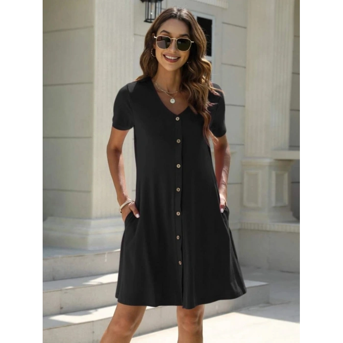 MARSiLYAN- Kadın Kısa Kollu V Yaka önü Düğmeli Viskon Elbise