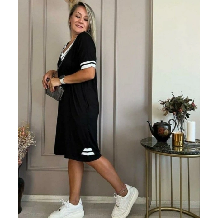 MARSiLYAN- Kadın Kısa Kollu V Yaka Ribana Detaylı Cepli Dizüstü Viskon Elbise