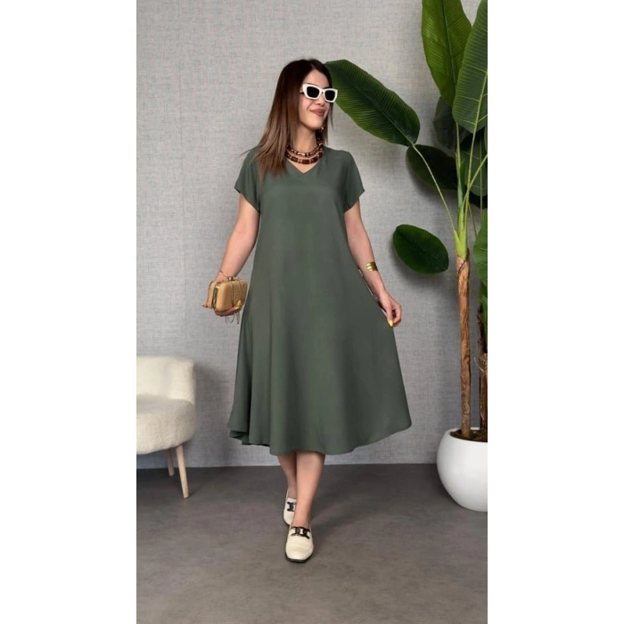 MARSiLYAN- Kadın Kısa Kollu V Yaka Salaş Maxi Boy Elbise