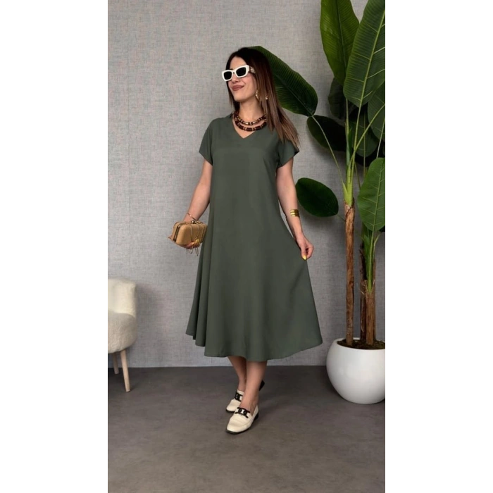 MARSiLYAN- Kadın Kısa Kollu V Yaka Salaş Maxi Boy Elbise