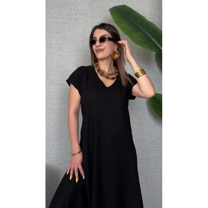 MARSiLYAN- Kadın Kısa Kollu V Yaka Salaş Maxi Boy Elbise