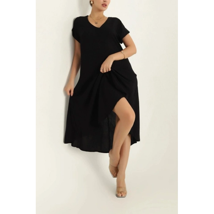 MARSiLYAN- Kadın Kısa Kollu V Yaka Salaş Maxi Boy Elbise