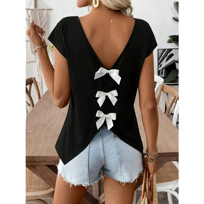 MARSiLYAN- Kadın Kısa Kollu V Yakalı Arkadan Kurdele Detaylı Viskon Bluz