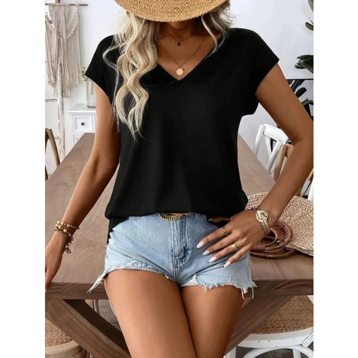 MARSiLYAN- Kadın Kısa Kollu V Yakalı Arkadan Kurdele Detaylı Viskon Bluz