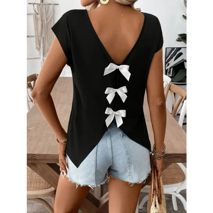MARSiLYAN- Kadın Kısa Kollu V Yakalı Arkadan Kurdele Detaylı Viskon Bluz