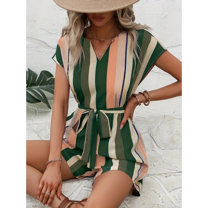 MARSiLYAN- Kadın Kısa Kollu V Yakalı Beli Kuşaklı Keten Tulum