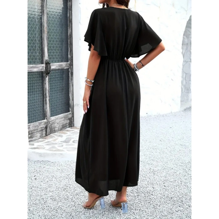 MARSiLYAN- Kadın Kısa Kollu V Yakalı Beli Lastikli Uzun Viskon Elbise