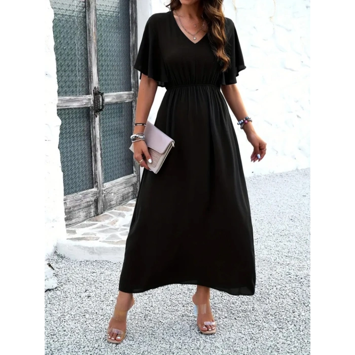 MARSiLYAN- Kadın Kısa Kollu V Yakalı Beli Lastikli Uzun Viskon Elbise