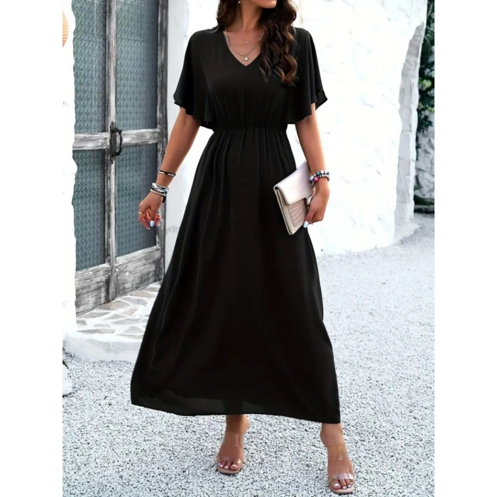 MARSiLYAN- Kadın Kısa Kollu V Yakalı Beli Lastikli Uzun Viskon Elbise