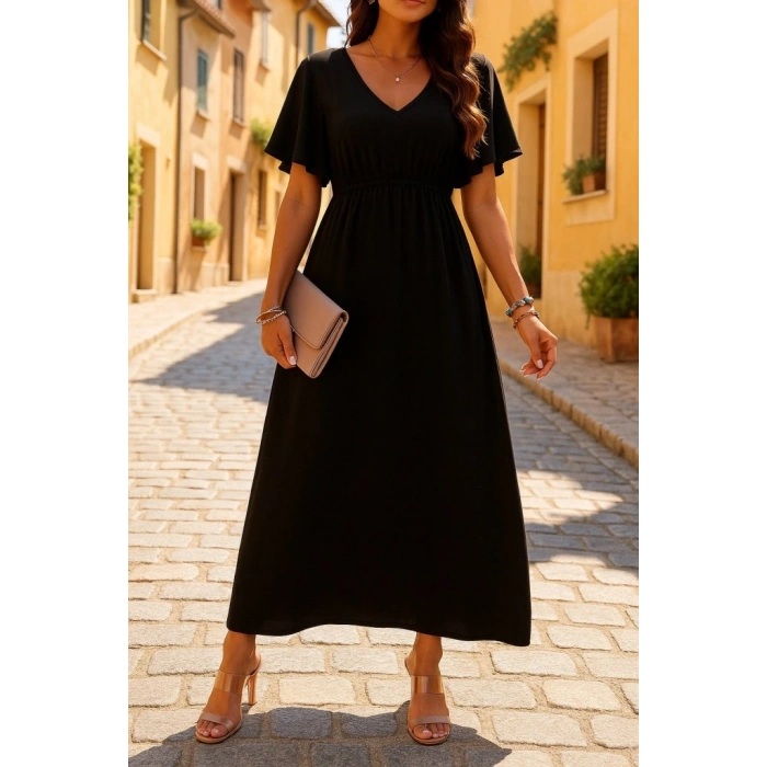 MARSiLYAN- Kadın Kısa Kollu V Yakalı Beli Lastikli Uzun Viskon Elbise