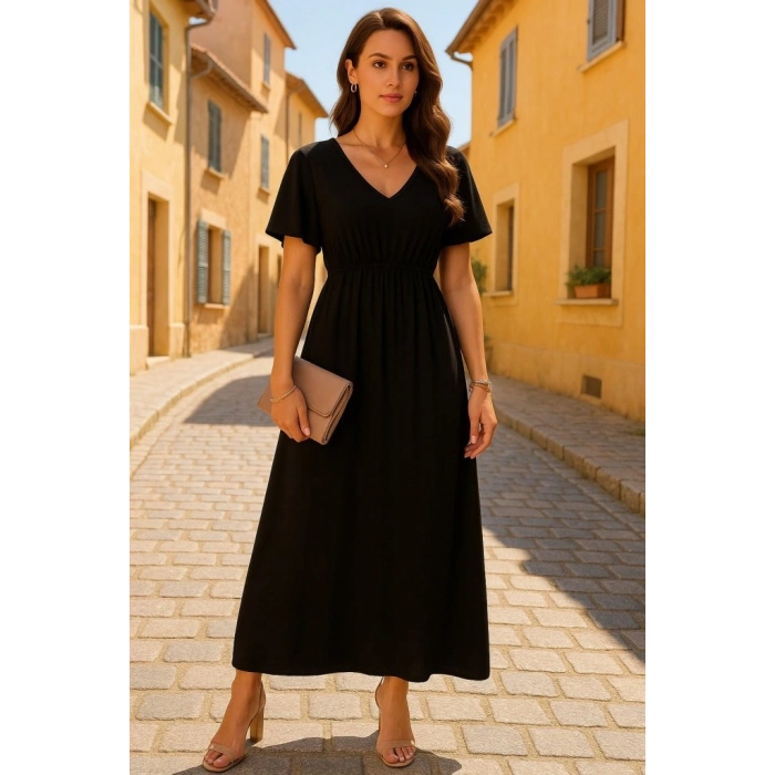 MARSiLYAN- Kadın Kısa Kollu V Yakalı Beli Lastikli Uzun Viskon Elbise