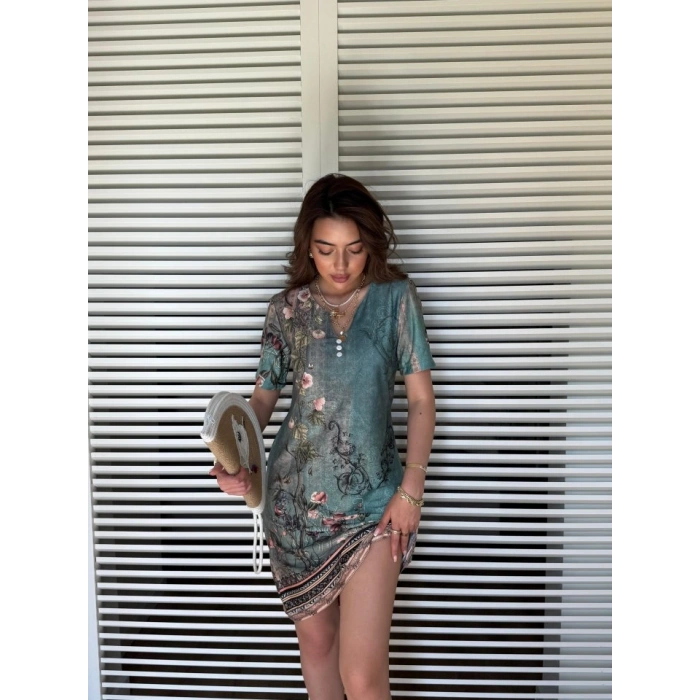 MARSiLYAN- Kadın Kısa Kollu V Yakalı çiçek Baskılı Midi Süprem Elbise