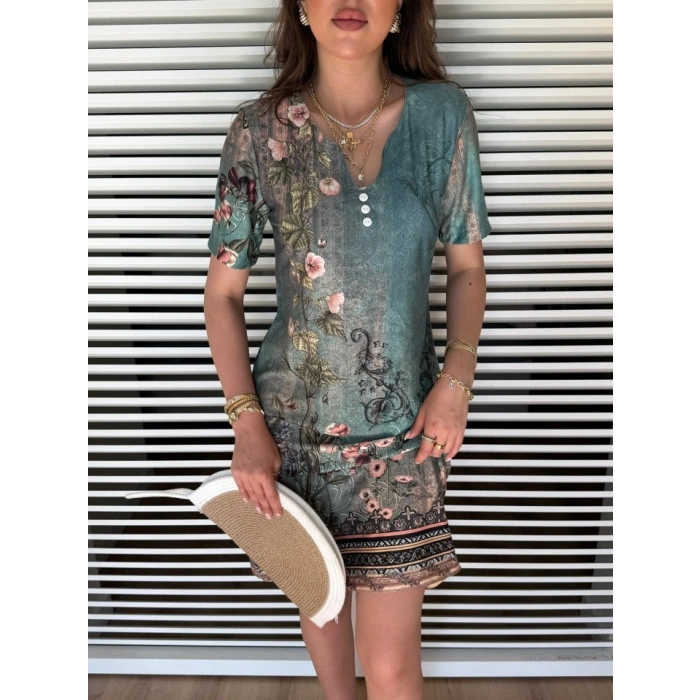 MARSiLYAN- Kadın Kısa Kollu V Yakalı çiçek Baskılı Midi Süprem Elbise