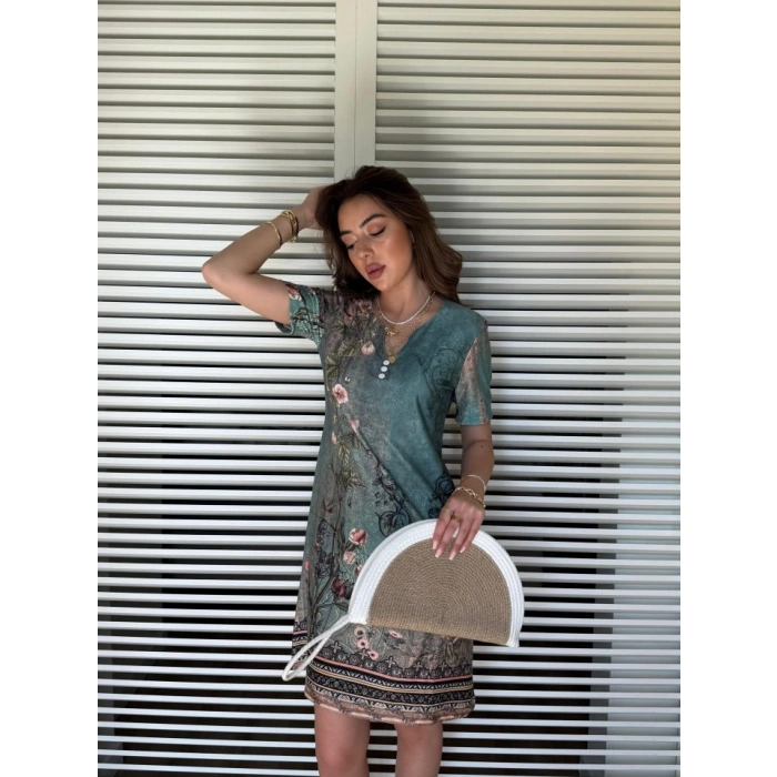 MARSiLYAN- Kadın Kısa Kollu V Yakalı çiçek Baskılı Midi Süprem Elbise