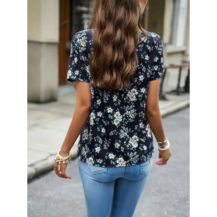 MARSiLYAN- Kadın Kısa Kollu V Yakalı çiçek Baskılı Süprem Bluz