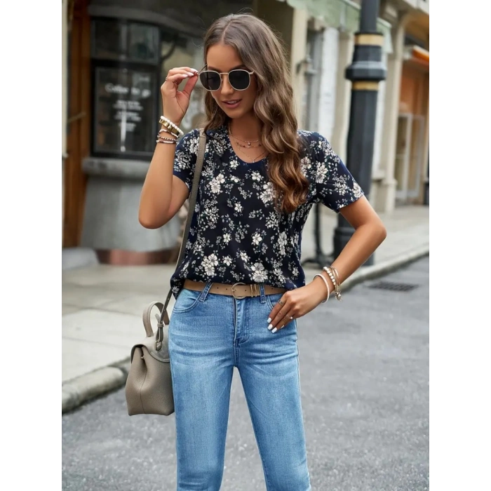 MARSiLYAN- Kadın Kısa Kollu V Yakalı çiçek Baskılı Süprem Bluz