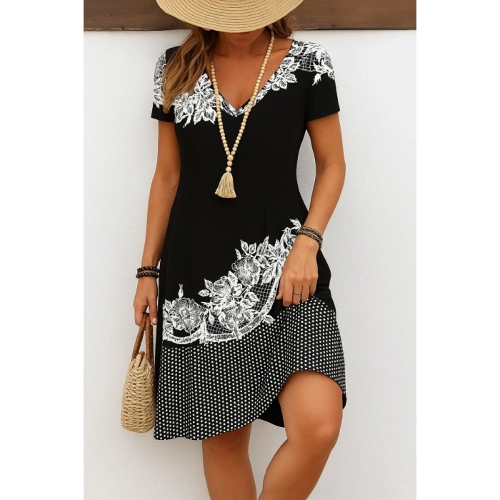 MARSiLYAN- Kadın Kısa Kollu V Yakalı çiçek Baskılı Süprem Elbise