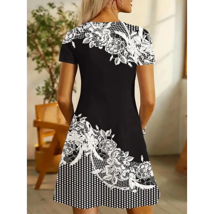 MARSiLYAN- Kadın Kısa Kollu V Yakalı çiçek Baskılı Süprem Elbise