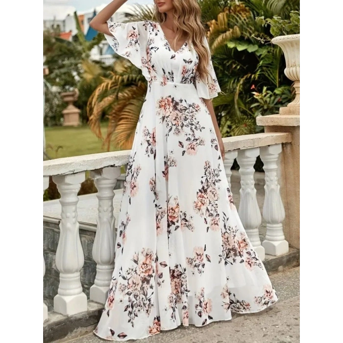 MARSiLYAN- Kadın Kısa Kollu V Yakalı çiçek Desenli Süprem Elbise