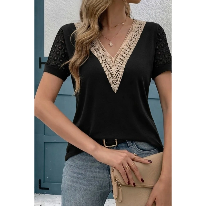 MARSiLYAN- Kadın Kısa Kollu V Yakalı Dantel Detaylı Viskon Bluz