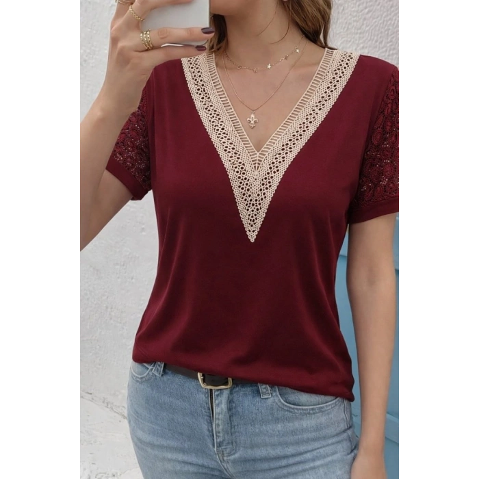 MARSiLYAN- Kadın Kısa Kollu V Yakalı Dantel Detaylı Viskon Bluz