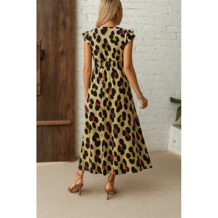 MARSiLYAN- Kadın Kısa Kollu V Yakalı Desenli Yandan Yırtmaçlı Süprem Elbise