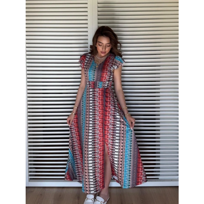 MARSiLYAN- Kadın Kısa Kollu V Yakalı Desenli Yandan Yırtmaçlı Süprem Elbise