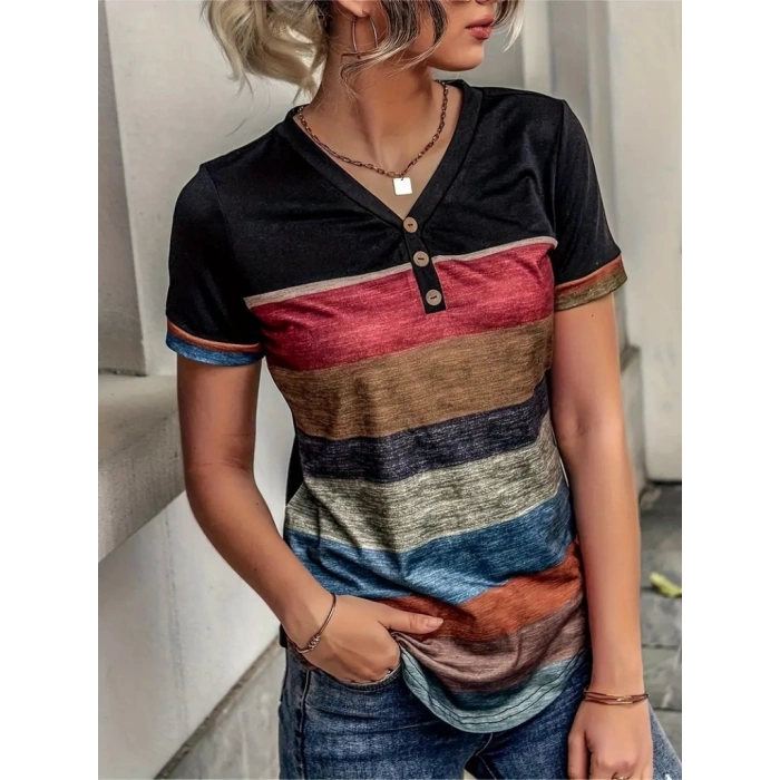MARSiLYAN- Kadın Kısa Kollu V Yakalı Düğmeli çok Renkli Süprem Bluz