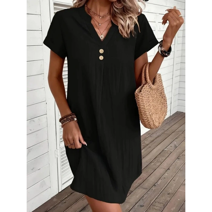 MARSiLYAN- Kadın Kısa Kollu V Yakalı Düğmeli Müslim Kısa Elbise