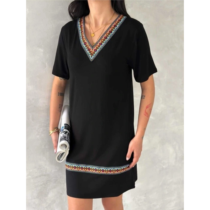 MARSiLYAN- Kadın Kısa Kollu V Yakalı Etnik Desen şerit Detaylı Viskon Elbise