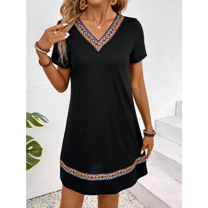 MARSiLYAN- Kadın Kısa Kollu V Yakalı Etnik Desen şerit Detaylı Viskon Elbise