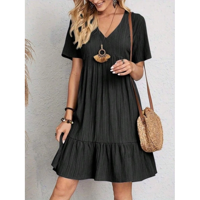 MARSiLYAN- Kadın Kısa Kollu V Yakalı Fırfırlı Bürümcük Elbise