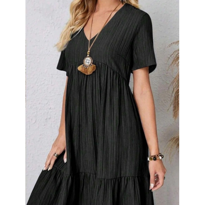 MARSiLYAN- Kadın Kısa Kollu V Yakalı Fırfırlı Bürümcük Elbise