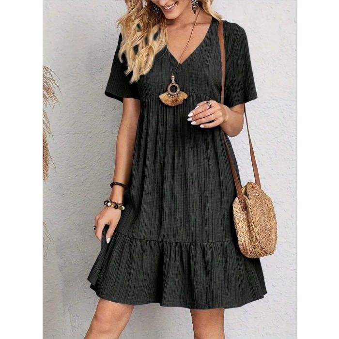 MARSiLYAN- Kadın Kısa Kollu V Yakalı Fırfırlı Bürümcük Elbise