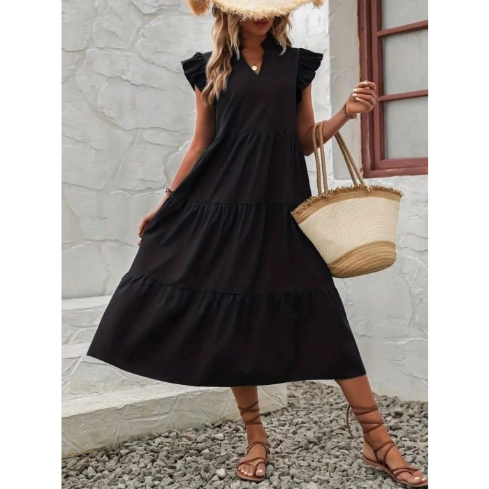 MARSiLYAN- Kadın Kısa Kollu V Yakalı Geniş Kesim Uzun Trikoton Elbise