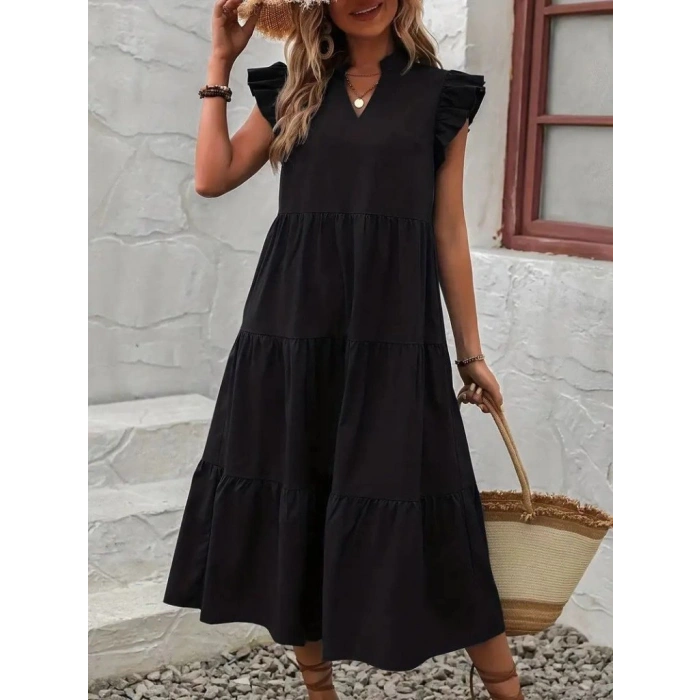 MARSiLYAN- Kadın Kısa Kollu V Yakalı Geniş Kesim Uzun Trikoton Elbise