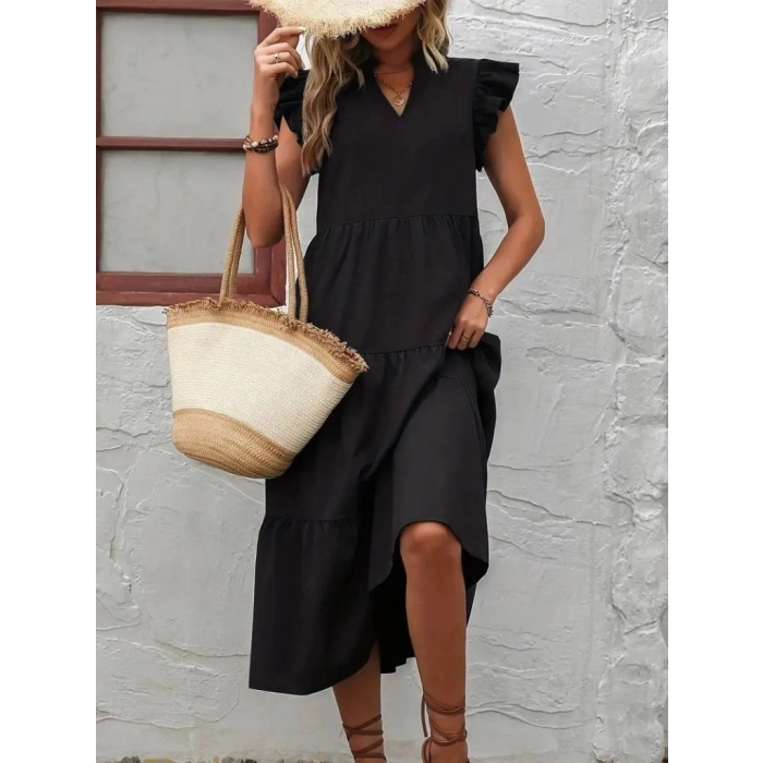 MARSiLYAN- Kadın Kısa Kollu V Yakalı Geniş Kesim Uzun Trikoton Elbise