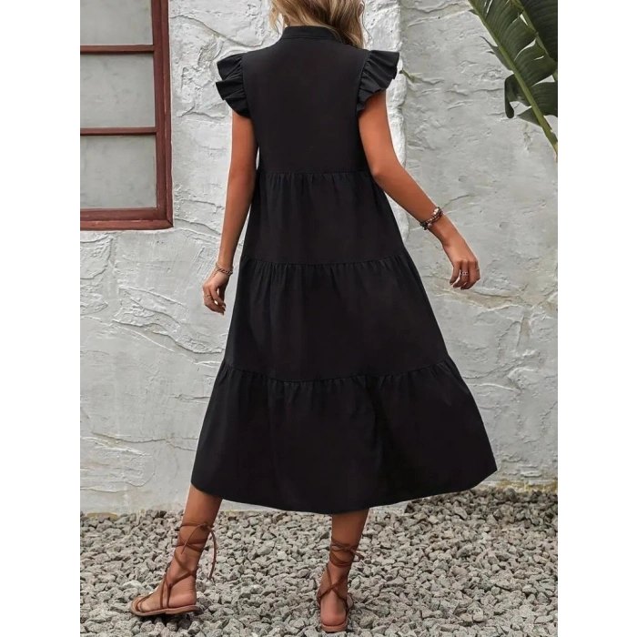 MARSiLYAN- Kadın Kısa Kollu V Yakalı Geniş Kesim Uzun Trikoton Elbise