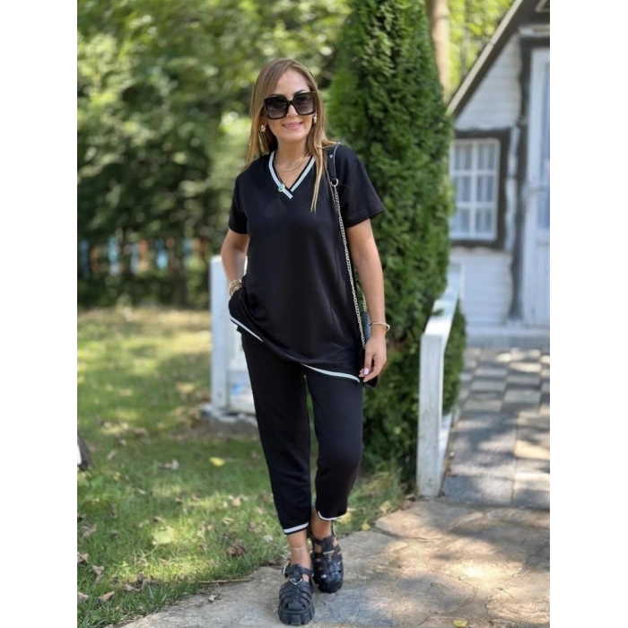 MARSiLYAN- Kadın Kısa Kollu V Yakalı Iki Iplik Bluz Ve Pantolon Ikili Takım