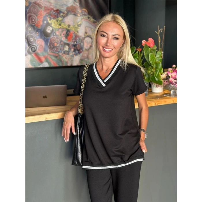 MARSiLYAN- Kadın Kısa Kollu V Yakalı Iki Iplik Bluz Ve Pantolon Ikili Takım