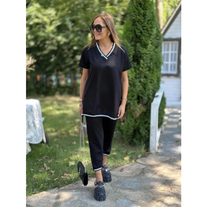 MARSiLYAN- Kadın Kısa Kollu V Yakalı Iki Iplik Bluz Ve Pantolon Ikili Takım