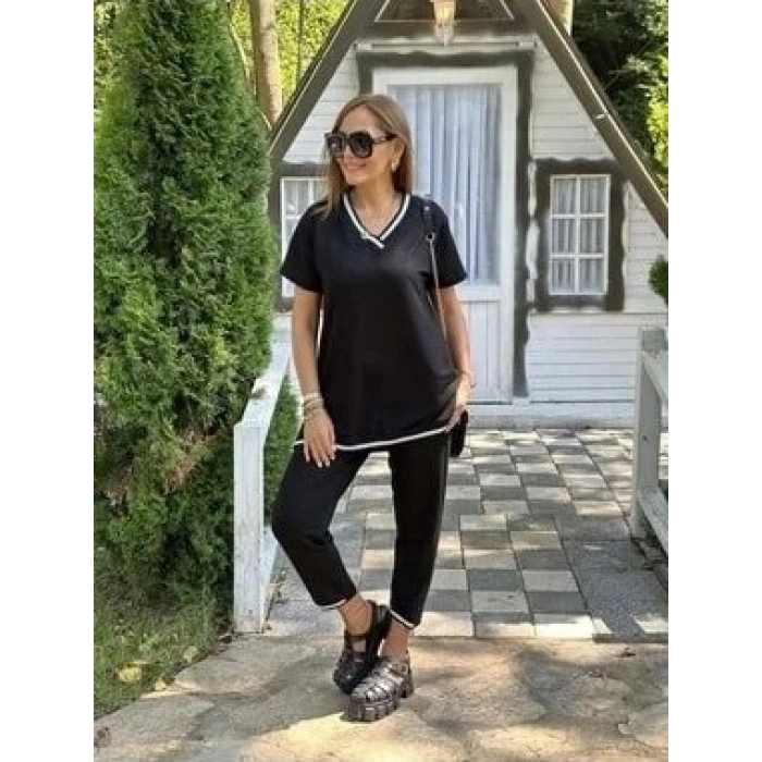 MARSiLYAN- Kadın Kısa Kollu V Yakalı Iki Iplik Bluz Ve Pantolon Ikili Takım