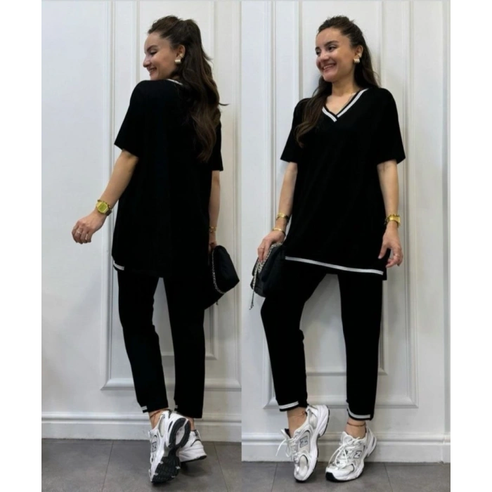 MARSiLYAN- Kadın Kısa Kollu V Yakalı Iki Iplik Bluz Ve Pantolon Ikili Takım